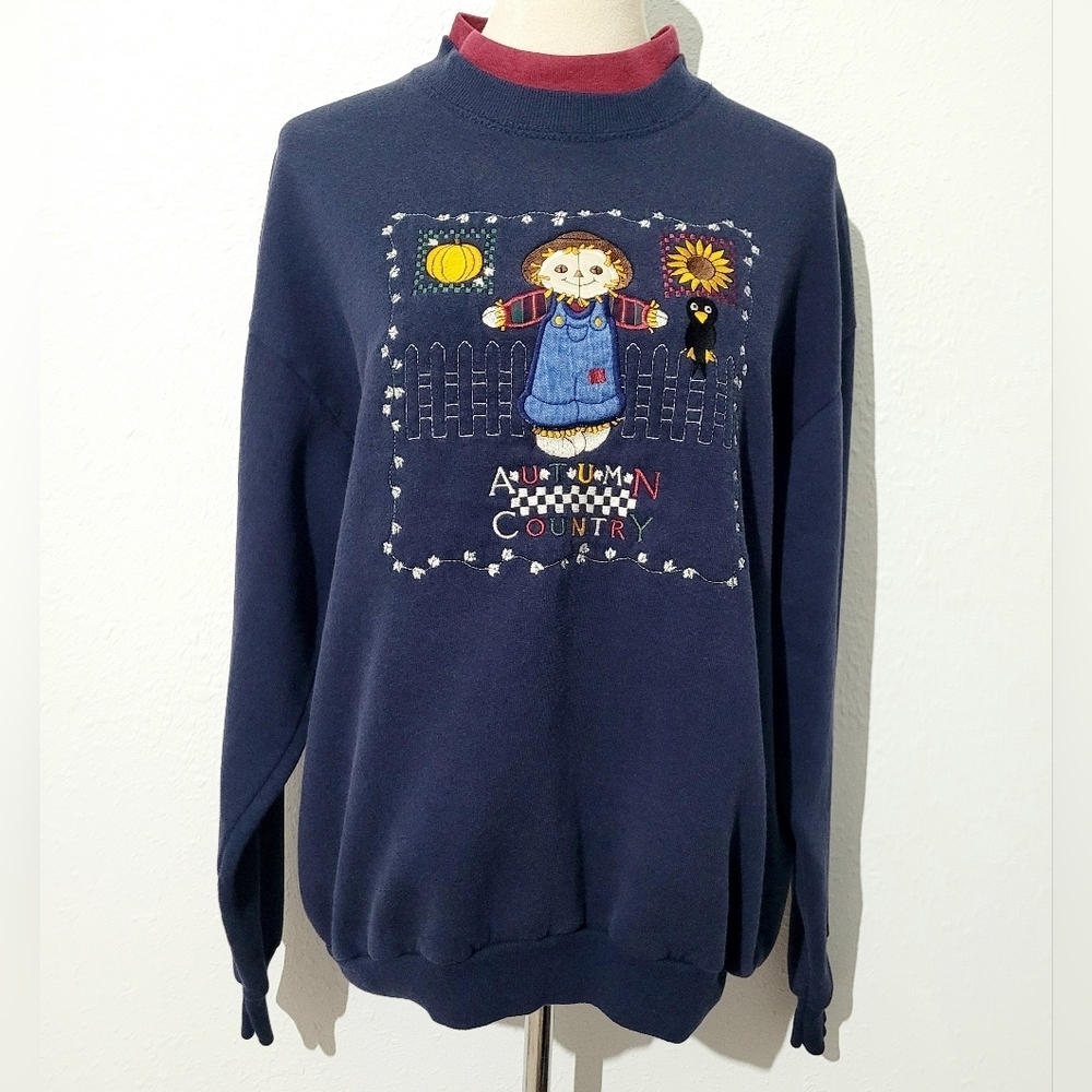 Vintage Pleasant Shade Autumn Country Scarecrow Fall Sweatshirt Sz L Made In USA - Picture 2 of 11